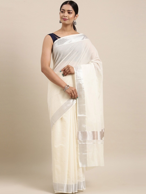 

The Chennai Silks Off White & Silver-Toned Zari Pure Cotton Kasavu Saree