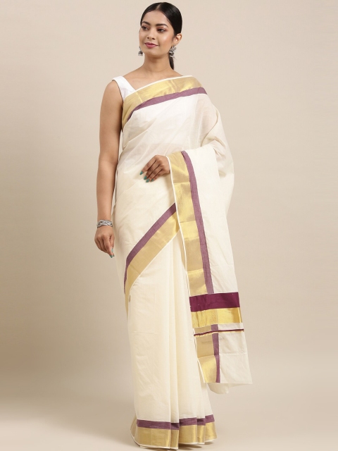 

The Chennai Silks Off White & Burgundy Zari Pure Cotton Fusion Kasavu Saree