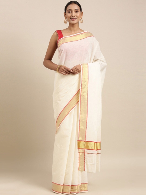 

The Chennai Silks Off White & Gold-Toned Zari Pure Cotton Fusion Kasavu Saree