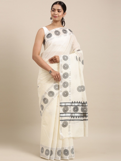 

The Chennai Silks Off White & Black Floral Zari Pure Cotton Kasavu Saree