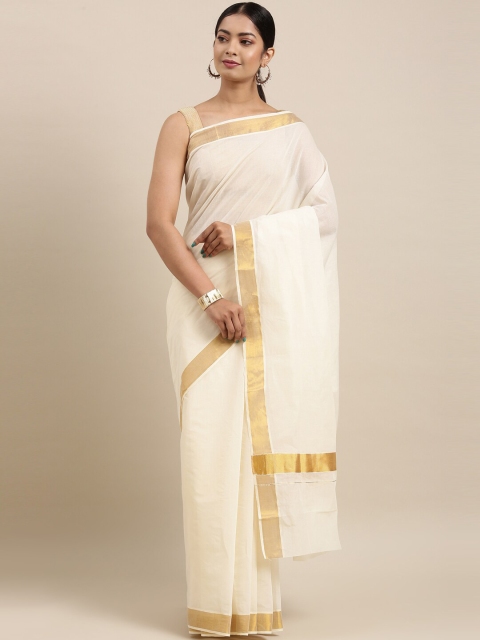 

The Chennai Silks Off White & Gold-Toned Zari Pure Cotton Fusion Kasavu Saree