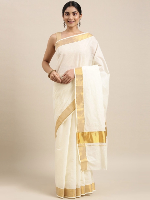 

The Chennai Silks Off White & Gold-Toned Zari Pure Cotton Fusion Kasavu Saree
