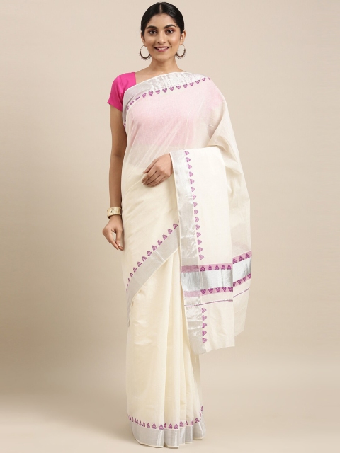 

The Chennai Silks Off White & Pink Zari Pure Cotton Fusion Kasavu Saree