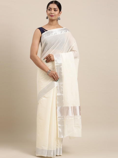 

The Chennai Silks Off White & Silver-Toned Zari Pure Cotton Kasavu Saree