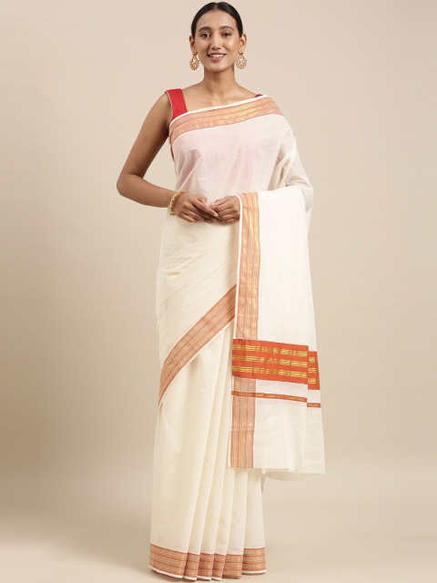 

The Chennai Silks Off White & Orange Zari Pure Cotton Kasavu Saree
