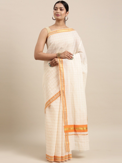 

The Chennai Silks Off White & Orange Checked Zari Pure Cotton Kasavu Saree