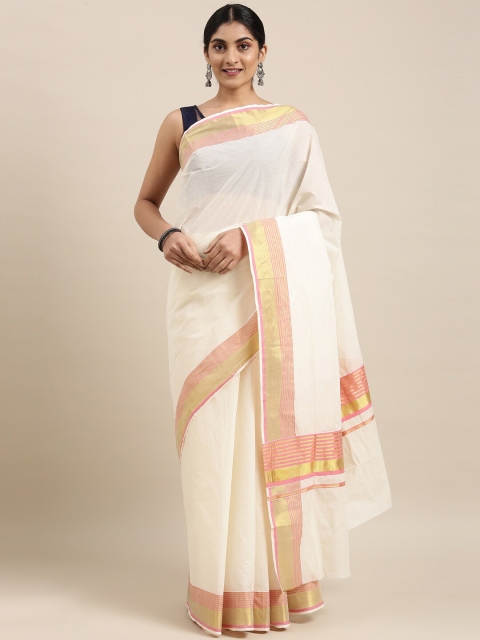 

The Chennai Silks Off White & Gold-Toned Zari Pure Cotton Kasavu Saree