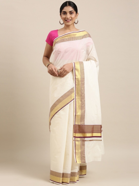 

The Chennai Silks Off White & Purple Zari Pure Cotton Fusion Kasavu Saree