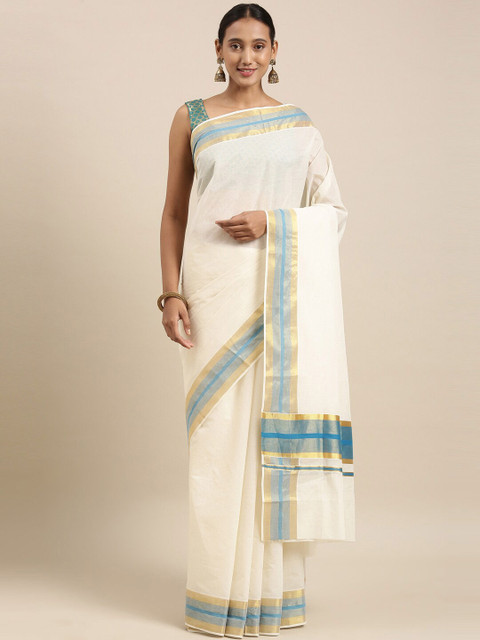 

The Chennai Silks Off White & Blue Zari Pure Cotton Kasavu Saree