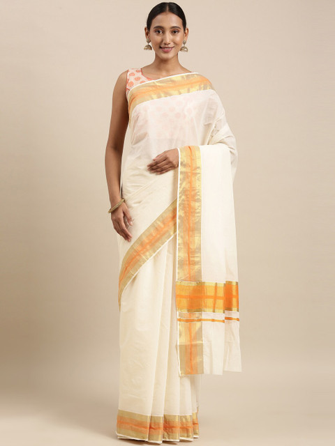 

The Chennai Silks Off White & Gold-Toned Zari Pure Cotton Kasavu Saree