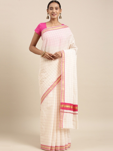 

The Chennai Silks Off White & Pink Checked Zari Pure Cotton Kasavu Saree
