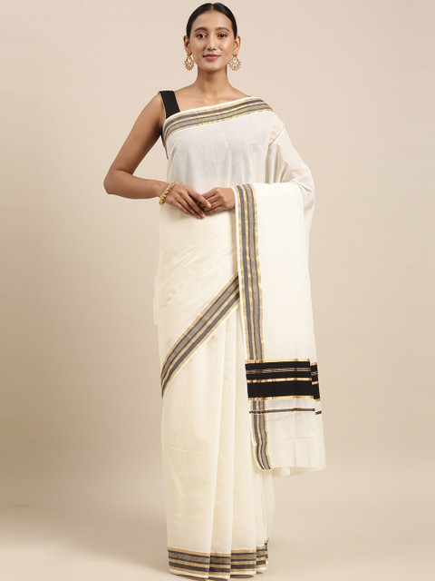 

The Chennai Silks Off White & Black Zari Pure Cotton Fusion Kasavu Saree