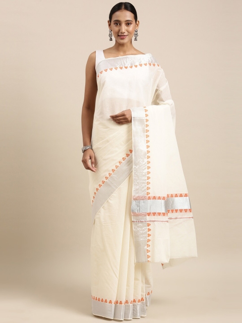 

The Chennai Silks Off White & Silver-Toned Zari Pure Cotton Kasavu Saree