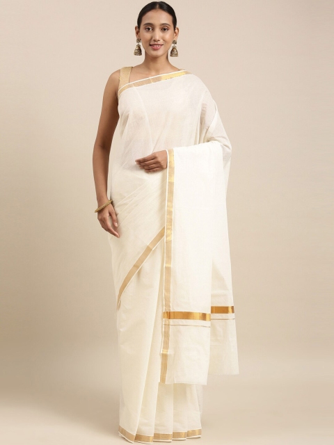 

The Chennai Silks Off White & Gold-Toned Zari Pure Cotton Fusion Kasavu Saree