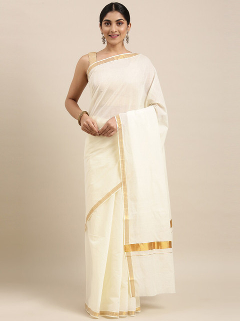 

The Chennai Silks Off White & Gold-Toned Zari Pure Cotton Kasavu Saree