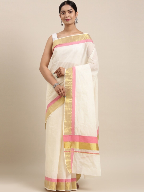 

The Chennai Silks Off White & Gold-Toned Zari Pure Cotton Kasavu Saree