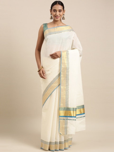 

The Chennai Silks Off White & Green Zari Pure Cotton Kasavu Saree