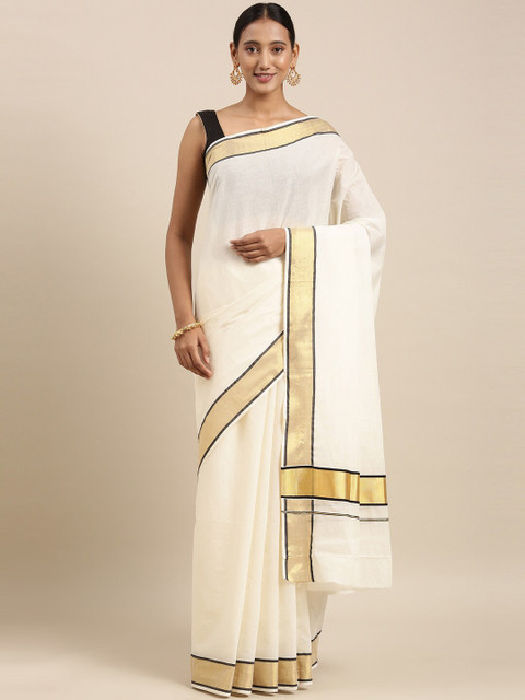 

The Chennai Silks Off White & Gold-Toned Zari Pure Cotton Kasavu Saree