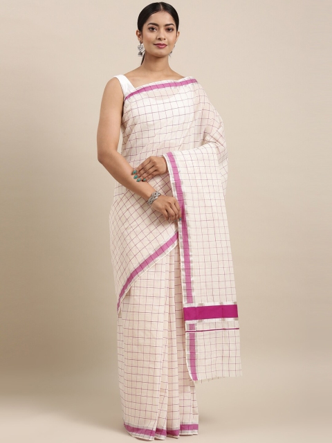 

The Chennai Silks Off White & Magenta Checked Zari Pure Cotton Fusion Kasavu Saree