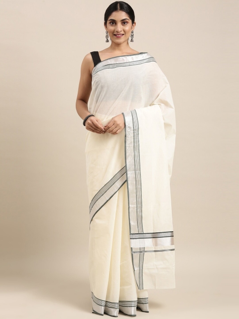 

The Chennai Silks Off White & Silver-Toned Zari Pure Cotton Fusion Kasavu Saree
