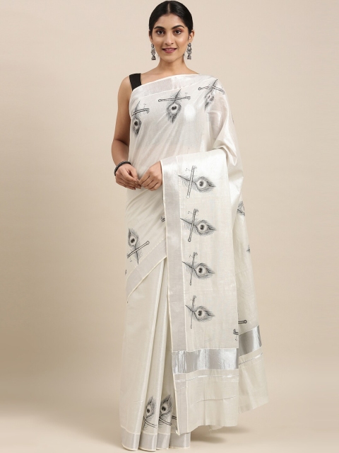

The Chennai Silks Off White & Black Floral Zari Pure Cotton Fusion Kasavu Saree