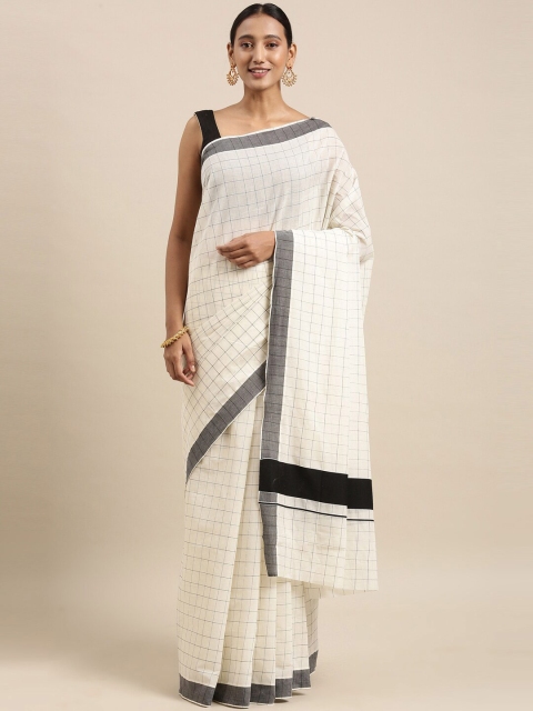 

The Chennai Silks Off White & Black Checked Zari Pure Cotton Fusion Kasavu Saree