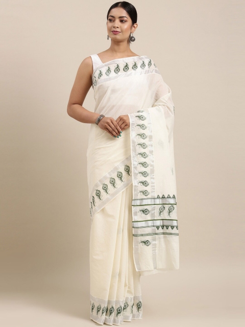 

The Chennai Silks Off White & Green Pure Cotton Kasavu Saree