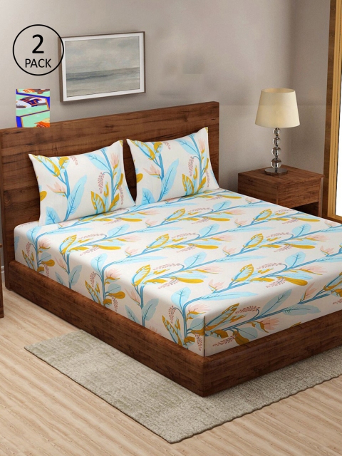 

KLOTTHE White & Green Floral 210 TC 2 King Bedsheet with 4 Pillow Covers