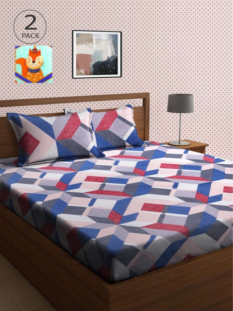 

KLOTTHE Blue & Orange Geometric 210 TC 2 King Bedsheet with 4 Pillow Covers