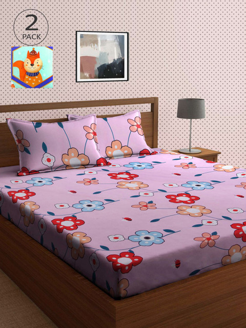 

KLOTTHE Pink & Green Floral 210 TC 2 King Bedsheet with 4 Pillow Covers