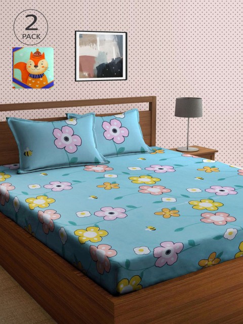 

KLOTTHE Blue & Yellow Floral 210 TC 2 King Bedsheet with 4 Pillow Covers