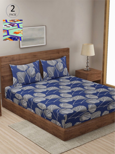 

KLOTTHE Navy Blue & Green Floral 210 TC 2 King Bedsheet with 4 Pillow Covers