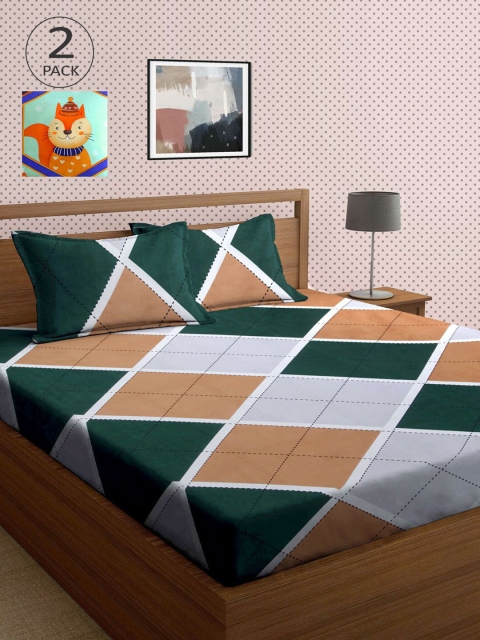

KLOTTHE Grey & Green Geometric 210 TC 2 King Bedsheet with 4 Pillow Covers