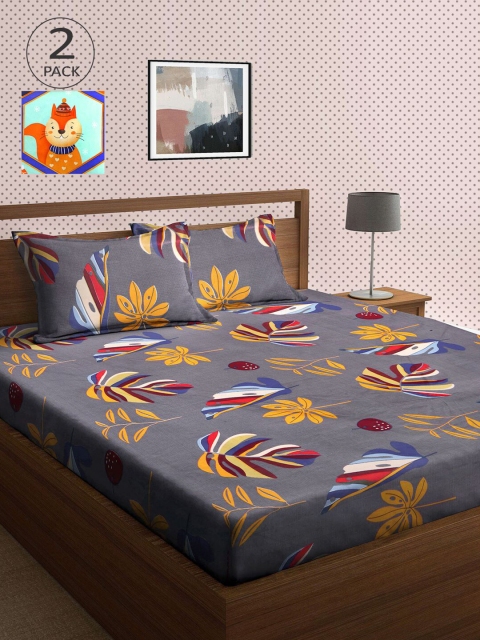 

KLOTTHE Grey & Green Floral 210 TC 2 King Bedsheet with 4 Pillow Covers