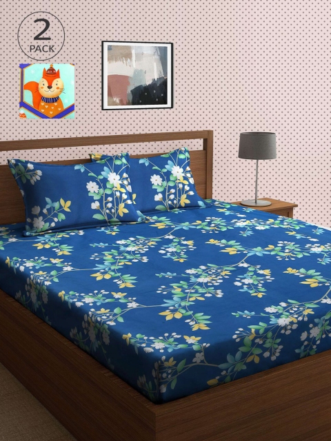 

KLOTTHE Blue & Green Floral 210 TC 2 King Bedsheet with 4 Pillow Covers