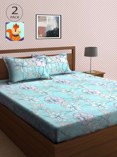 

KLOTTHE Blue & Green Floral 210 TC 2 King Bedsheet with 4 Pillow Covers