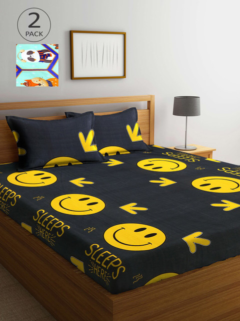 

KLOTTHE Green & Black Cartoon Characters 210 TC 2 King Bedsheet with 4 Pillow Covers