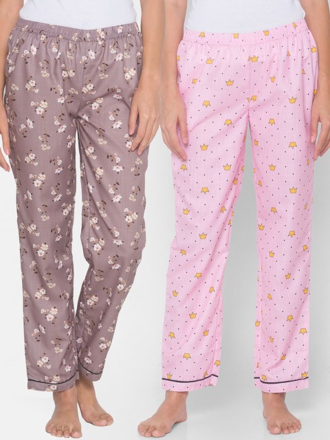 

FashionRack Women Pack Of 2 Brown & Pink Printed Cotton Lounge Pants