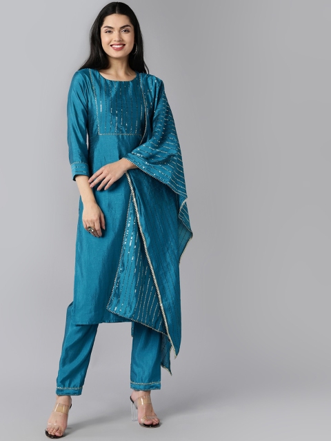 

AHIKA Women Teal Layered Kurta with Trousers & With Dupatta
