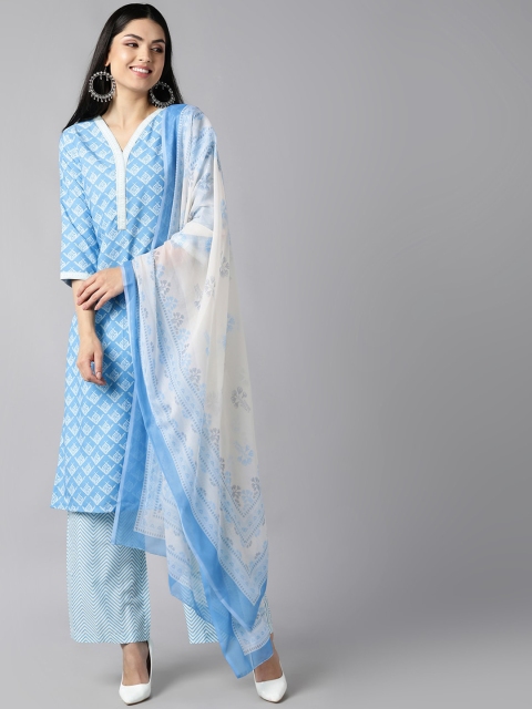 

AHIKA Women Blue & White Floral Printed Regular Kurta with Trousers & Dupatta