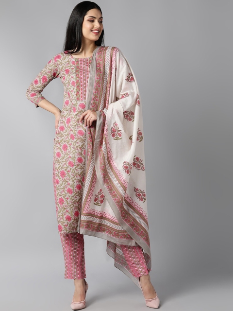 

AHIKA Women Grey & Pink Floral Printed Regular Pure Cotton Kurta with Trousers & Dupatta