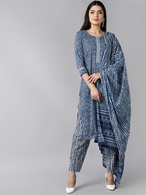 

AHIKA Women Blue Ethnic Motifs Printed Regular Pure Cotton Kurta with Trousers & With Dupatta