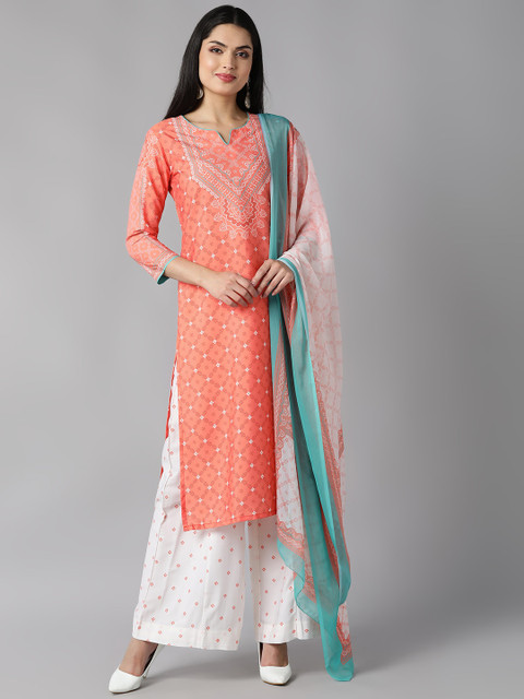 

AHIKA Women Peach-Coloured & White Ethnic Motifs Printed Kurta with Palazzos & Dupatta