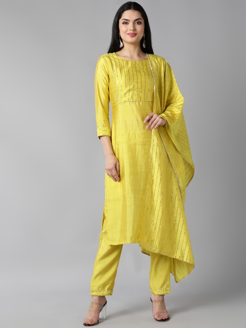 

AHIKA Women Yellow Yoke Design Regular Kurta with Trousers & Dupatta