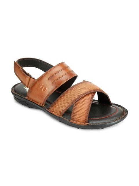 

ID Men Tan & Black Textured Leather Comfort Sandals with Velcro