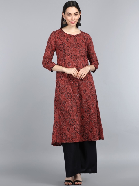 

AHIKA Women Maroon Geometric Printed Keyhole Neck Mirror Work Kurta