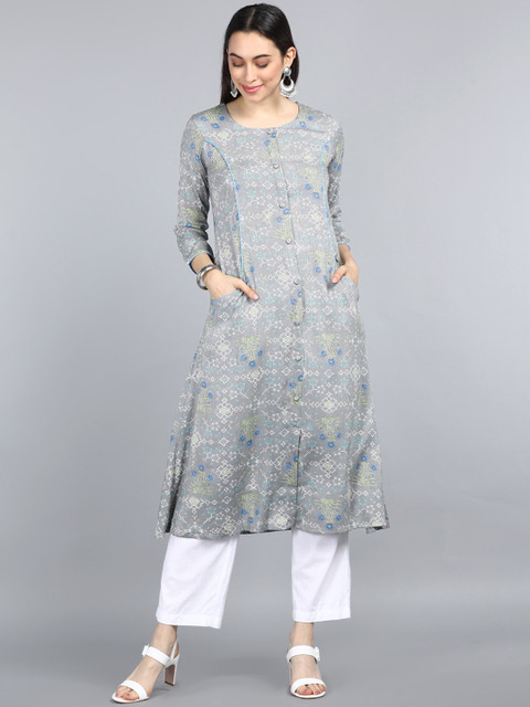 

AHIKA Women Grey Striped Keyhole Neck Kurta