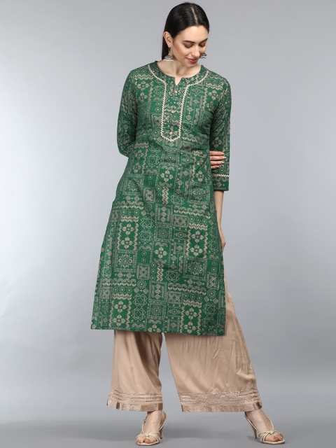 

AHIKA Women Green Paisley Keyhole Neck Flared Sleeves Gotta Patti Anarkali Kurta