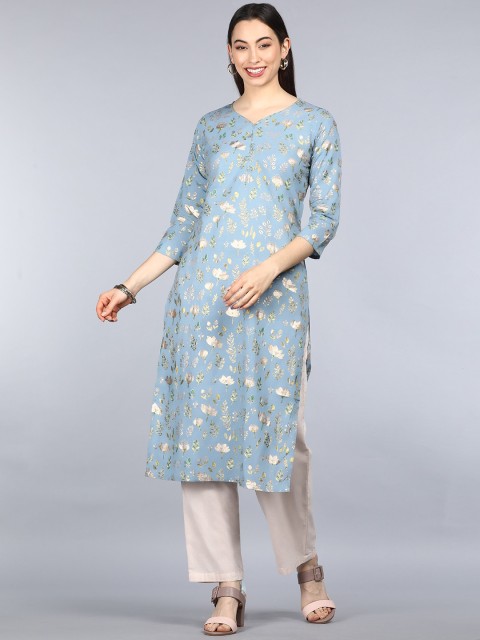 

AHIKA Women Blue Floral Printed Keyhole Neck Flared Sleeves Kurta