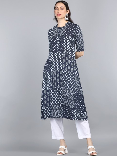 

AHIKA Women Navy Blue Geometric Printed Flared Sleeves Kurta